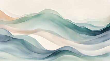 Abstract painting of flowing, pastel-toned waves in shades of teal, beige, and cream, creating a serene and minimalist landscape.