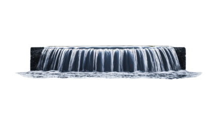 A tall cascading waterfall with mist rising around it, isolated on a white background. 