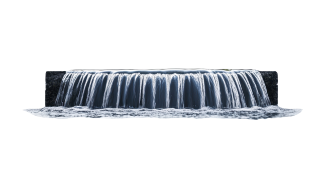 A tall cascading waterfall with mist rising around it, isolated on a white background. 
