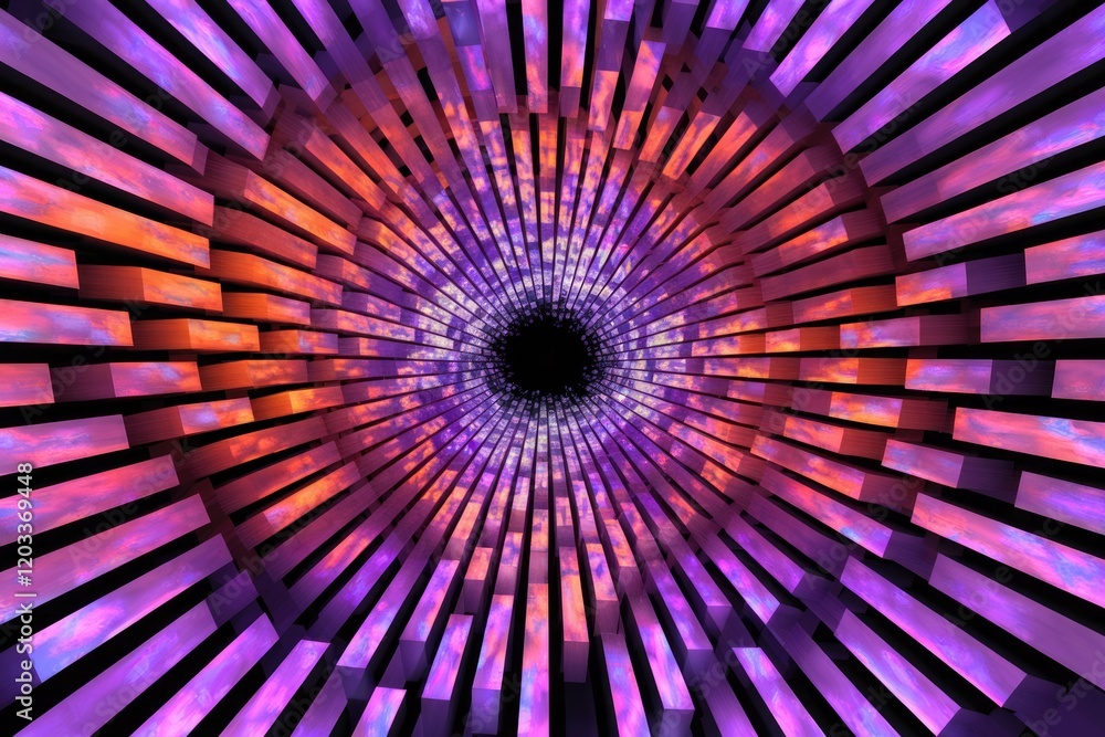 Poster Abstract tunnel of vibrant purple and orange rectangular blocks creating a mesmerizing, radiating effect.