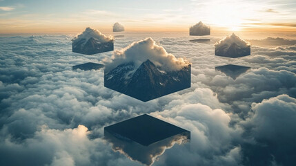 Snow-covered mountain peaks piercing through glowing clouds at dawn, with floating platforms hovering just above the ground 