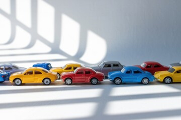 A line of colorful miniature cars casts shadows, creating a playful, miniature traffic jam scene.