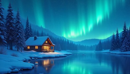 Fototapeta premium Mesmerizing Northern Lights Illustration, Snow-Covered Landscape with Cozy Wooden Cabin and Frozen Lake Reflection, Serene Winter Night