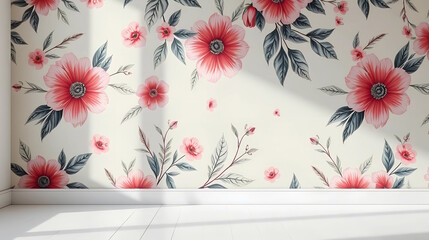 wall with floral pattern, floral wallpaper in the interior, empty room mockup