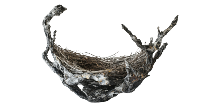 Isolated tree bones with dry roots and a skull-like shape against a white background, reflecting the old, natural elements of a dead forest with shades of brown, green, and blue