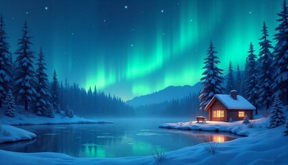 Fototapeta premium Mesmerizing Northern Lights Illustration, Snow-Covered Landscape with Cozy Wooden Cabin and Frozen Lake Reflection, Serene Winter Night