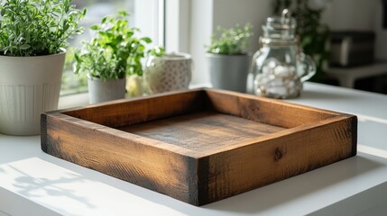 Rectangular rustic wooden tray with visible saw marks, placed on a clean white tabletop 