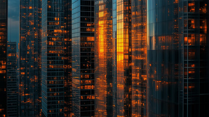 Obraz premium Night cityscape close-up of illuminated modern glass skyscrapers
