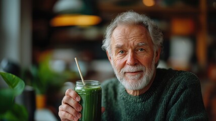 Senior man with grey hair drinking green smoothie using paper straw, blurry kitchen in background. Veganuary