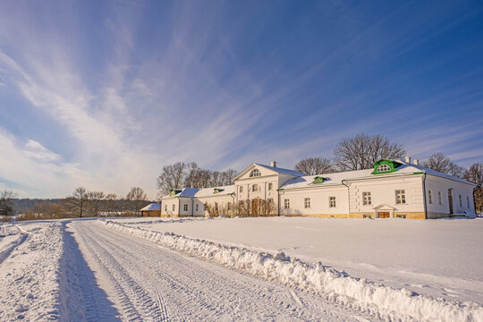 Yasnaya Polyana, Tula region, Russia - January 9 2021: The picturesque estate of the writer Leo Tolstoy. The Volkonsky House in the Yasnaya Polyana Museum Estate on a sunny frosty winter day in Russia