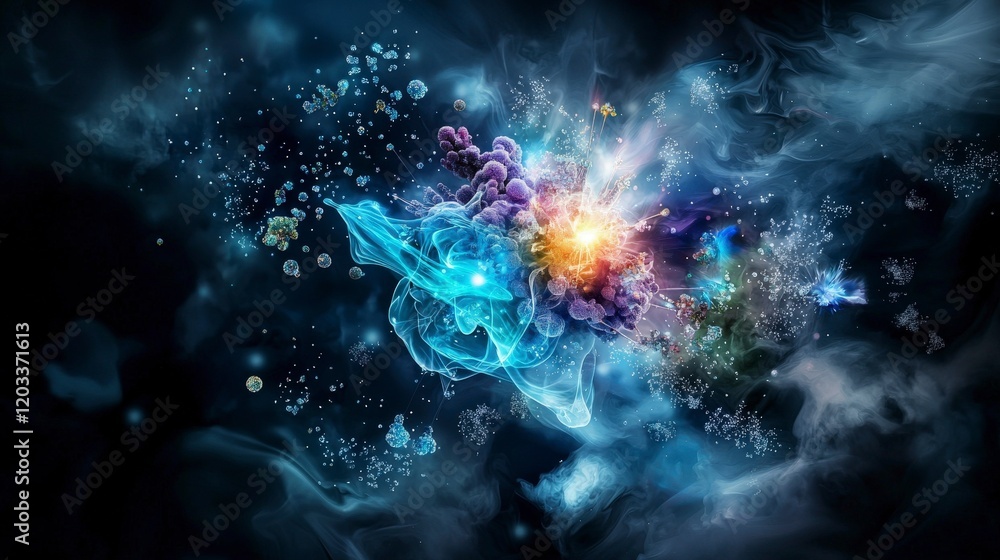 Aufkleber Dynamic interactions of conscious particles in a cosmic realm abstract digital art surreal environment ethereal viewpoint