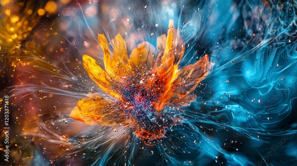 Fototapete Dynamic interaction of conscious particles in a vibrant floral universe abstract art digital creation immersive experience