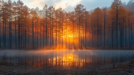 Obraz premium Sunrise autumn forest lake mist reflection