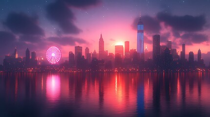 Fototapeta premium Pink sunrise cityscape waterfront Ferris wheel