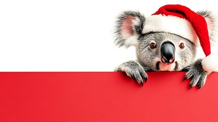 Koala in Santa hat peeking over red banner. (1)