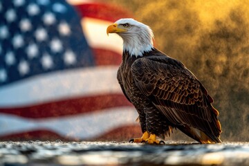 Naklejka premium Majestic Bald Eagle with American Flag Background