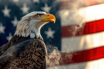 Naklejka premium Majestic Bald Eagle with American Flag Background