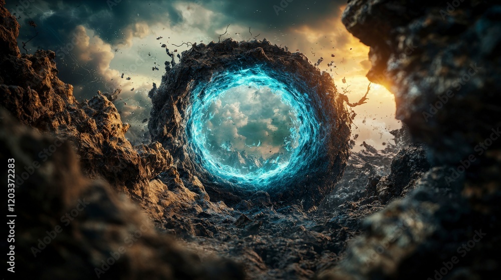 Poster exploring dimensions created by thought power realms cosmic portal digital art surreal landscape low