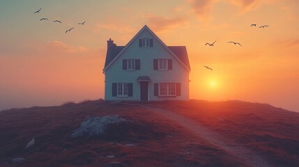 Coastal house sunset, birds fly, misty hill, real estate