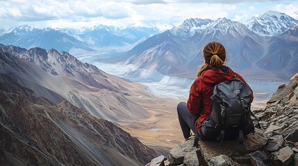 Fototapeta premium Woman Backpacker Contemplates Majestic Mountain Vista