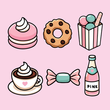 Cute Drawing of Dessert cake cookies candies coffee drinks