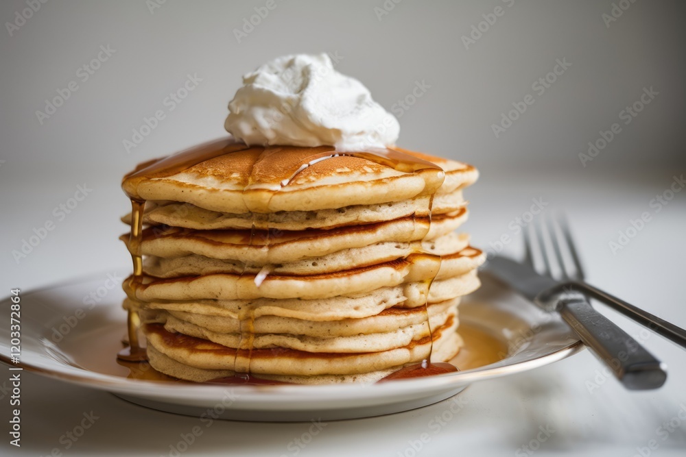 Poster a stack of fluffy pancakes drizzled with maple syrup and topped with whipped cream.