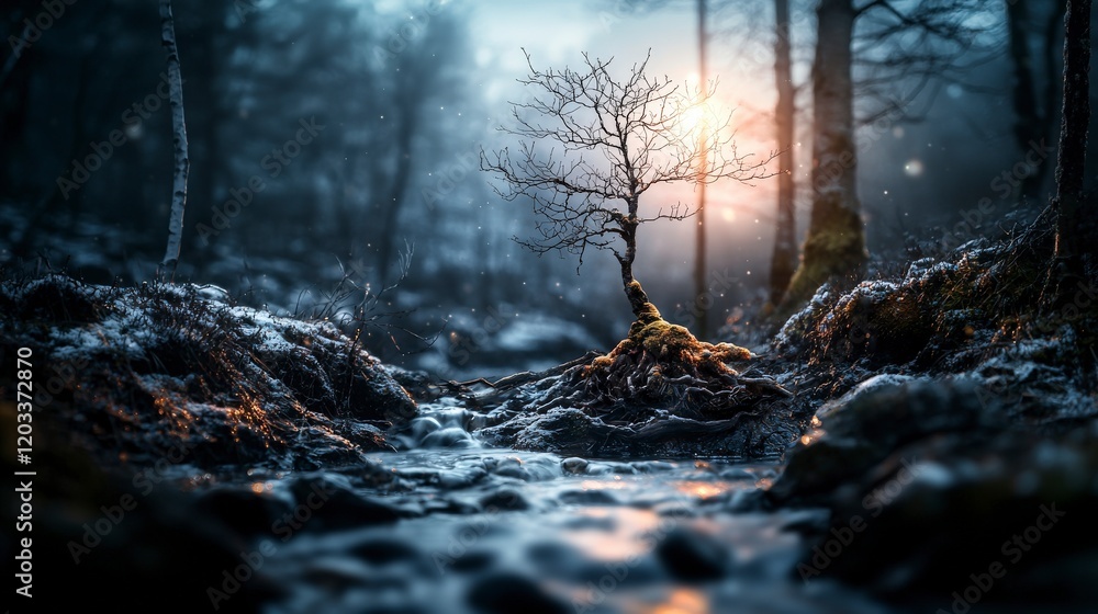 Poster nature's serenity a tree's resilience in a misty forest stream capturing emotions in a tranquil land