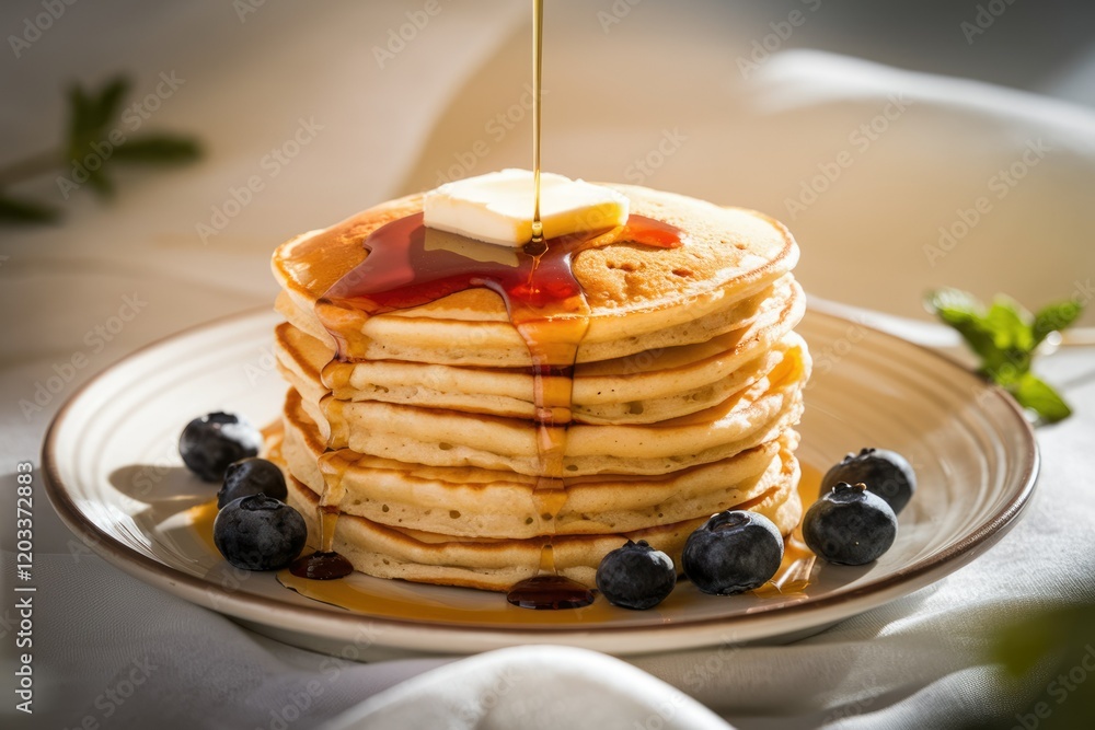 Poster a stack of fluffy pancakes drizzled with maple syrup and topped with butter and blueberries.