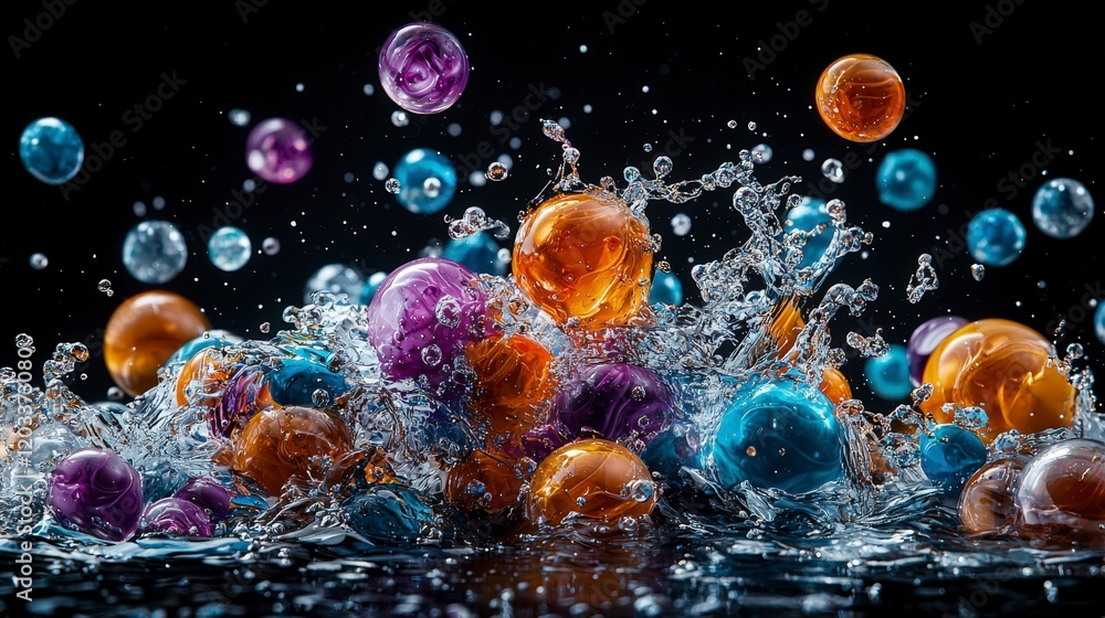 Leinwandbilder dynamic water splash with colorful orbs studio setting high-speed photography dark background captur