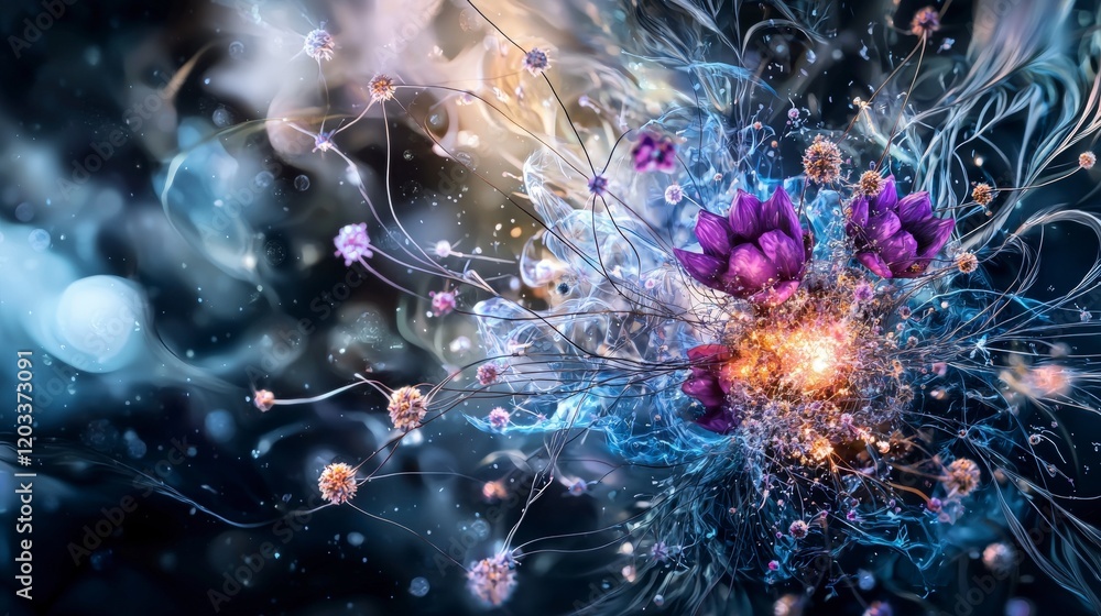 Aufkleber energy within atoms creating stories through vibrant floral imagery in abstract space conceptual art