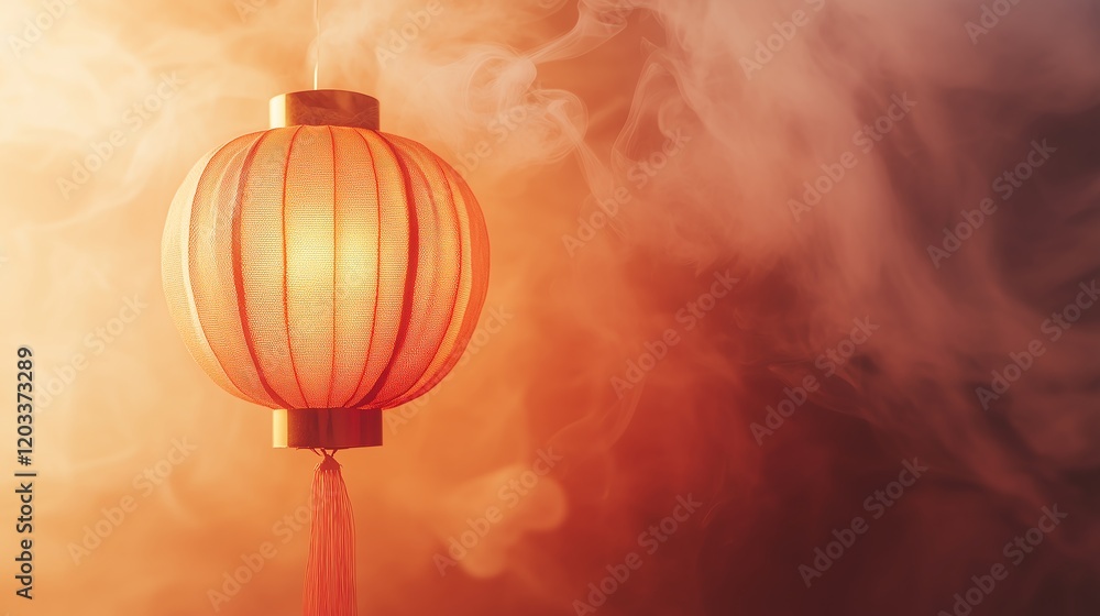 Poster minimalist background with soft swirling smoke and red lantern glow, creating a dreamy atmosphere wi