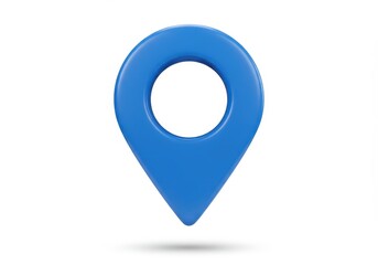 A 3D illustration of a glossy blue location pin with a hollow center floating against a white background