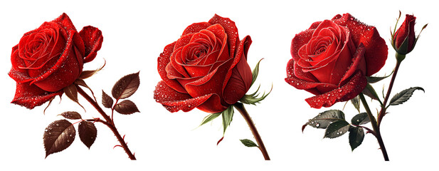 Floral Photography of Stunning Red Roses with branches, sub-branches, and Dew Drops isolated on a transparent background.