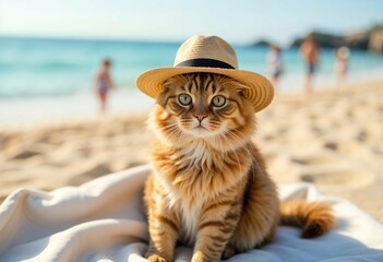 Fluffy orange tabby cat wearing a straw hat, sitting on a white blanket at the beach. Summer vacation concept
