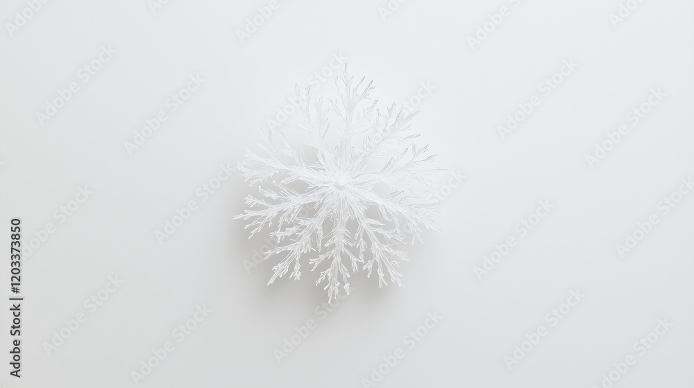 Poster a detailed transparent snowflake centered on a white background with soft empty space around it, per