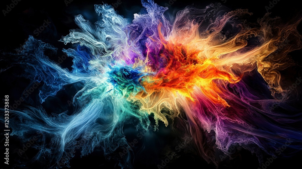 Poster Dynamic color explosion abstract art digital illustration dark background close-up visual communication of energy