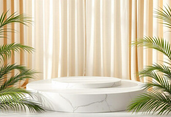 Minimalist podium with circular white marble platform and green palm leaves, soft beige curtain background. Modern design concept
