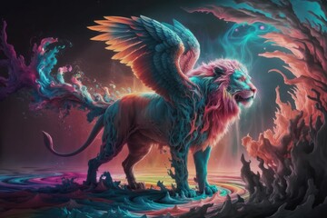 A majestic winged lion, vibrant colors, surreal, cosmic landscape, fantasy art.