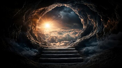 Ethereal journey through a dimensional portal enigmatic cave fantasy landscape surreal environment dramatic viewpoint