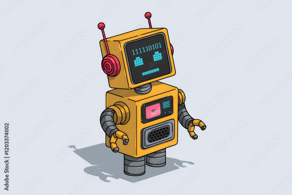 Aufkleber A cute, retro-style robot with binary code displayed on its screen, conveying a friendly emotion.