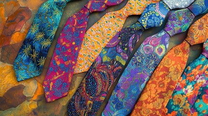 Colorful patterned silk neckties arranged on a textured surface.