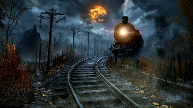 A haunted steam train moving on foggy tracks under a glowing full moon, surrounded by eerie trees and a mysterious atmosphere. Seamless loop video background