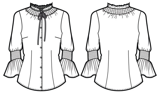 Women ruffle neck shirred shirt blouse top design flat sketch fashion illustration with front and back view. Flounce sleeve smocking detail shirt blouse top cad drawing vector template