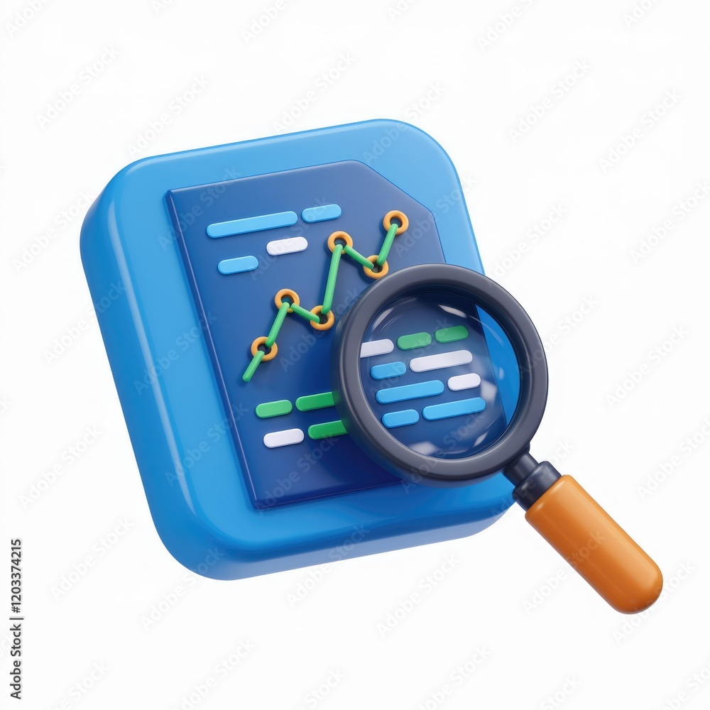 Poster 3D rendering of a magnifying glass over a document showing an upward trend graph.