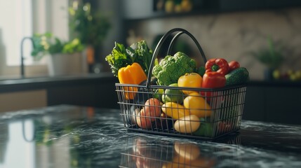 A shopping basket filled with an assortment of fresh produce, placed on a sleek granite countertop.