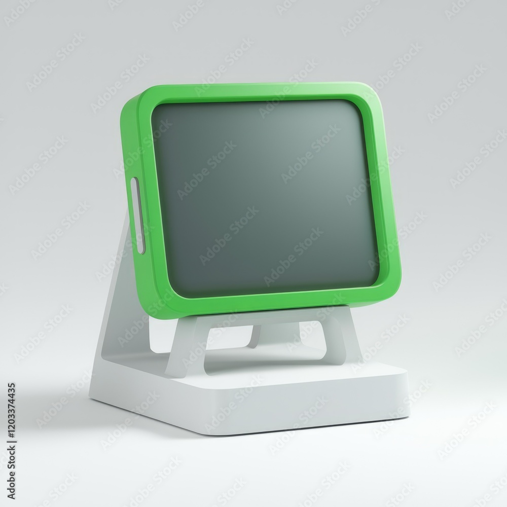 Aufkleber a minimalist green digital frame stands on a white base, showcasing a blank screen.