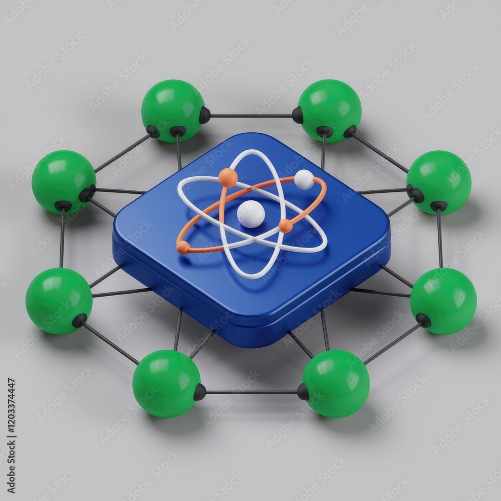 Fototapete Atom model connected to green spheres representing a network or interconnected system.