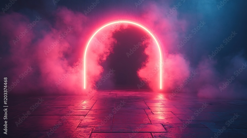 Poster striking neon pink arch glows in the darkness serving as a portal frame surrounded by ethereal smoke