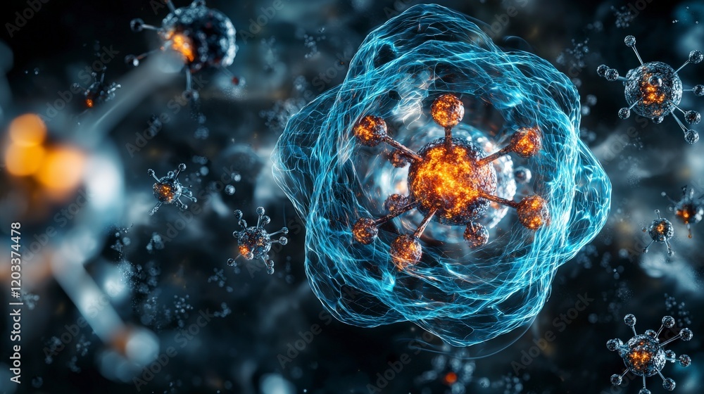 Poster exploring living and thinking subsystems in atoms science infographic digital art abstract environme