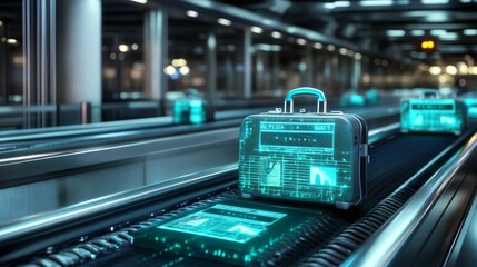 Futuristic Digital Briefcase on Conveyor Belt in High-Tech Environment